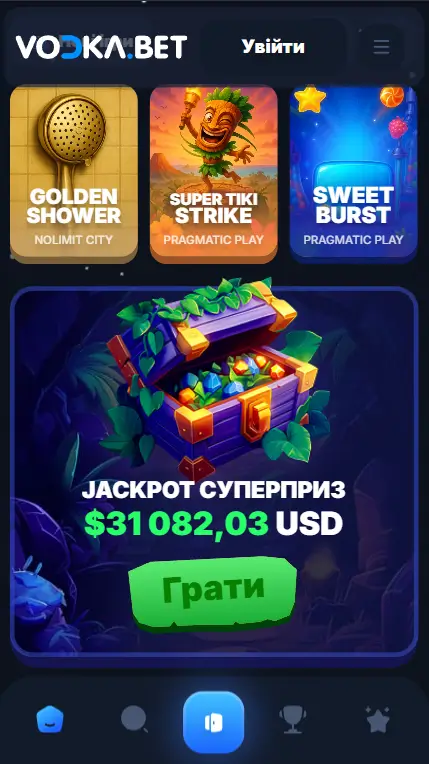 Секція слотів казино з іграми Golden Shower, Super Tiki Strike, Sweet Burst та великим банером джекпоту понад 31 тисячу доларів